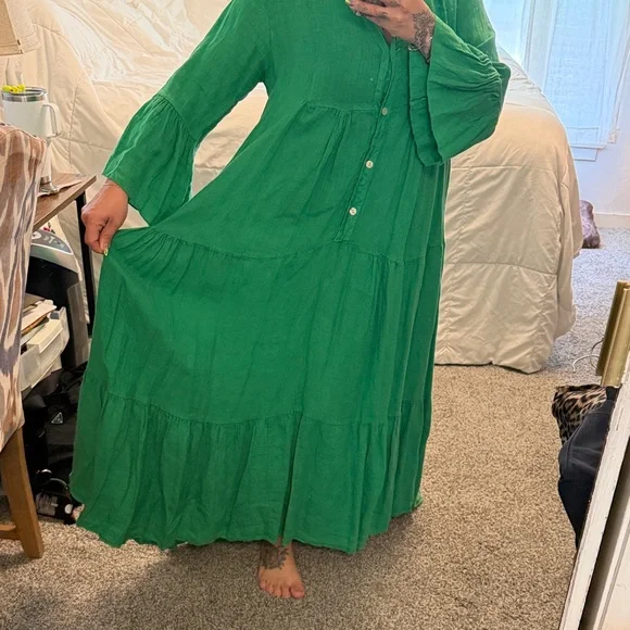 Green Tiered Button-Front Maxi Dress - Picture 3 of 9